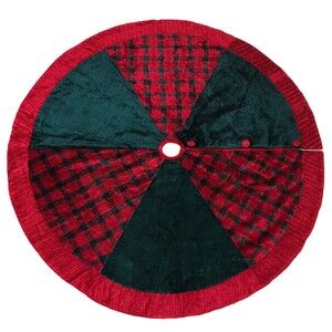 Christmas Tree Skirt 50" Red & Green Velour Knit Plaid Quilted Satin Reversible